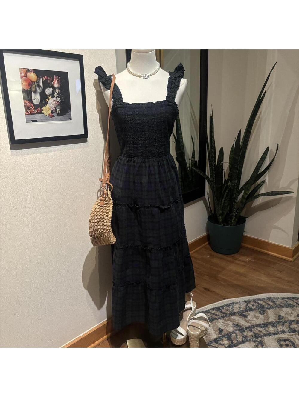 J.Crew Blackwatch Plaid Smocked Midi Dress Ruffle Strap Cottagecore